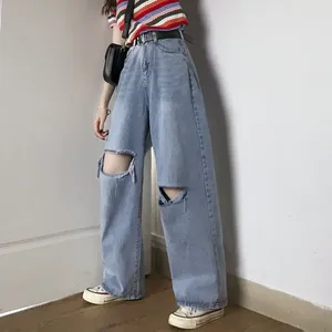 Kvinnors jeans 2024 Summer Casual Woman Long Byxor Cowboy Kvinna Loose Streetwear Ripped Cotton Pants Wide Leg Pant