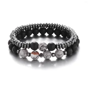 Strand 2pcs/set Natural Stone Black Gallstone Frosted Combination Beaded Men's Bracelet Fashion Set