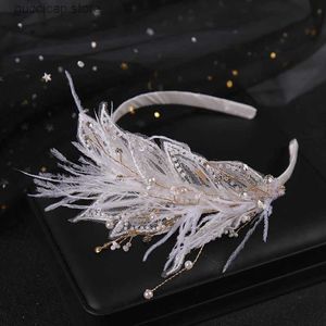 Tiaras Bridal Wedding Hair ornaments wedding headdress popular pearl feather hair hoop womens Crystal Crown dress accessories Y240319