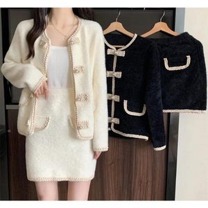 Vestidos de trabalho conjunto de duas peças para as mulheres outono inverno elegante conjuntos femininos vestido curto vison velo casaco saia roupas coreano n724