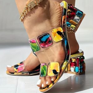 Sandals Women's Stylish Multicolor Double Strap Sandals with Rhinestone Decor and Block Heel Slip On and Look Fabulous This Summer