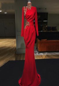 PartyGown Red Mermaid Evening Dresses High Collar Full Sleeves Long Evening Dress Court Train Prom Formal Gowns robedesoiree2207527