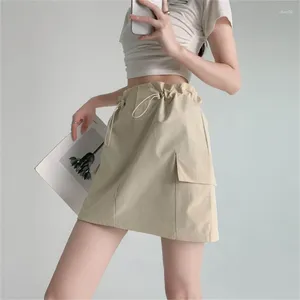 Saias Mulheres Cordões Cintura Alta Mini Saia Carga Simples Sólida Atlética Solta Flared Uma Linha Curta Com Bolsos Flap 066C