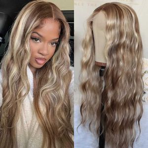 Synthetic Wigs Synthetic Wigs Long Wavy Synthetic Lace Front Wig Highlight Blonde Natural Wave Transparent Pre Plucked Heat Resistant Fiber Wig for Women 240327