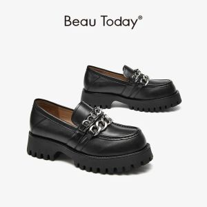 Flats BeauToday Chunky Moccasin Loafers Women Calfskin Round Toe Platform Double Metal Chain Slip On Retro Ladies Shoes Handmade 27784