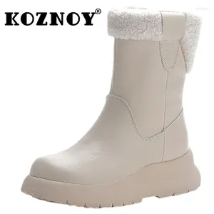 Buty Koznoy 4,5 cm krowy oryginalna skórzana kostka Plush kobiety wygodna wiosenna jesień zimowa ciepła platforma klin Moccasins Flats Buty