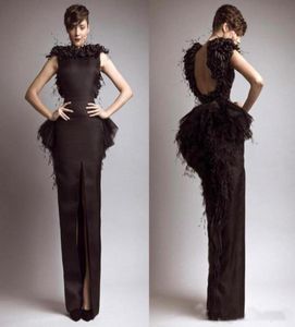 Vintage Formal Krikor Jabotian Black Evening Dresses with Feather Satin Sheath Backless Front Split Party Gown Cap Sleeves Prom Dr4841658