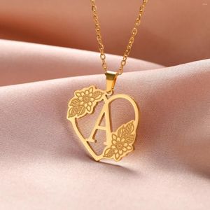 Collane con ciondolo Cuore Fiore Iniziale Donna Ragazza Acciaio inossidabile Colore oro Lettera estetica Collana girocollo Alfabeto Gioielli Regalo