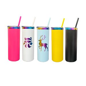 Rainbow Plated under 20oz Färgglada pulverbelagd spegel Skinny Straight Tumbler med färgat halmvakuumisolerad resemugg i USA Warehouse