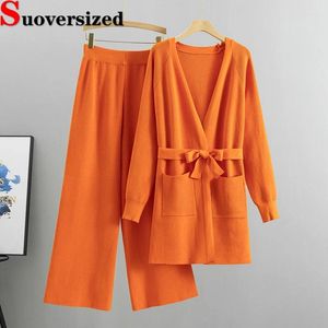 سراويل سراويل للسيدات من قطعتين حلوى سترة Concuntos Mid-Length V Neck Cardigan Whate و Bacgy Wide Leg Melection