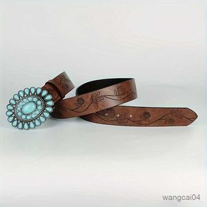 Belts Boho Oval Turquoise Buckle Belts Vintage Brown Embossed PU Leather Waistband Classic Western Belt For Women Girls