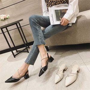 Top Sandals Womens Middle Heel Fairy Style Pointed Back Air Spring Rhinestone Thick High Sandles Heels 240228