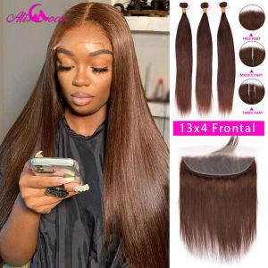 Closure Brown Straight Bundles with Frontal HD Lace Frontal #4 Human Hair Bundles with Frontal 3 Bundles with Closure Preplucked