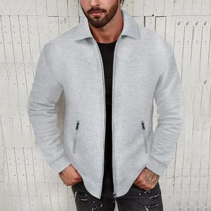 Men's Jackets Side Zipper Pockets Jacket Slim Fit Waffle Texture With Turn-down Collar Soft Breathable For Long