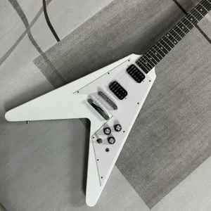 Fly-V elektro gitar, maun gövdesi, beyaz renk, gül ağacı klavye, 6 tel, ücretsiz gemi solda