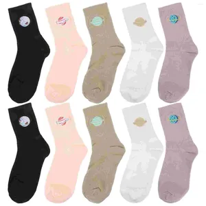 Women Socks 5 Pairs Cotton Planet Pattern Fashion Cartoon Casual Stocking Embroidery For