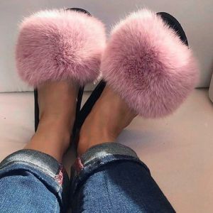 Boots Faux Fur Slippers Women 2022 Summer Sliders Casual Fox Hair Flat Fluffy Fashion Home Summer Big Size 45 Furry Flip Flops Shoes