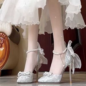 Top Mesh Bow High Heel Dress Shoes للنساء مع Pearl Slim Sandles Heels Sandals Princess Wedding 240228