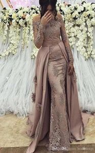 Dubai Lace Arabiska sjöjungfru aftonklänningar rena ärmar Tulle Applique Pärlade formella promfestklänningar Celebrity Dresse Custom9587698