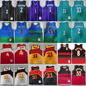 Mens Vintage Basquete Tyrone Muggsy Bogues Jerseys 1 Larry Johnson 2 Alonzo Luto 33 Spud Webb 4 Dikembe Mutombo 55 Steve Smith 8 Retrocesso Camisa Retro Esporte