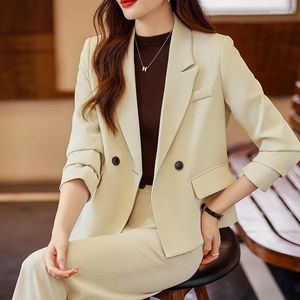 Women's Two Piece Pants Small Suit Outfit Slim Double-Breasted Jacket High-End Temperament Korean Style Business Attire 2024 Brown Loose