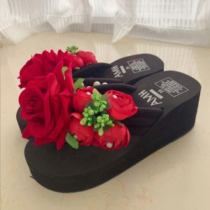 フロップシンクド夏の女性スリッパレディースウェッジフリップフロップ濃いバラの花の手作り女性靴ビーチスリッパ高6.5 cm