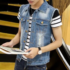 Men Ripped Denim Waistcoats Vests Jackets Light Blue Holes Denim Coats Vests New Fashion Male Cotton Slim Jeans Waistcoats