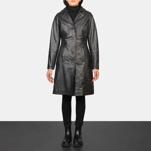 完全にカスタマイズされたブラックレザー女性コート新しいクラシックスタイルカスタムロングトレンチレザーコート