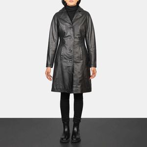 Vollständig maßgeschneiderter Damenmantel aus schwarzem Leder, neuer klassischer Stil, maßgeschneiderte lange Trench-Ledermäntel