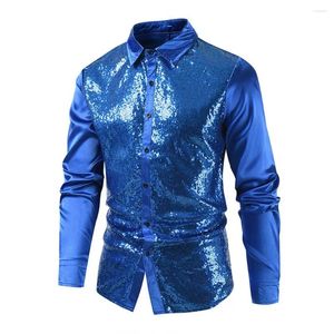 Men's Casual Shirts Men Long Sleeve Shirt Sequin Shiny Performance For Turn-down Collar Single-breasted Sleeves Satin Club