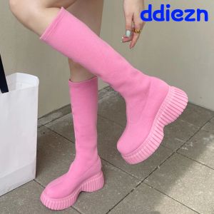 Stiefel rosa Damen Knie hohe elastische Stiefel Neu in Heeled Schuhen auf modische Lange Frauen Sockenstiefel mit Keilschuhen Schuhe Schuhwaren rutschen