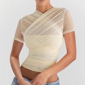 Kvinnors T-skjortor Gaono Women Mesh Crop Top Short Sleeve Zip Back Slim Fit Layered T-shirts Sheer See Through E-Girl Streetwear Clubwear