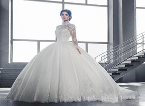 Elegante Ballkleid-Hochzeitskleider mit hohem Kragen, neu, 2022, muslimische, lange Ärmel, Zug, Spitze, Applikationen, Brautkleider, Vintage-Kapelle, Brida7439891