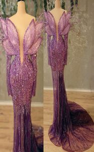 2022 Plus Size Arabic Aso Ebi Purple Luxurious Mermaid Prom Dresses Stylish pärlor Evening Formal Party Second Reception Birthday 5311954