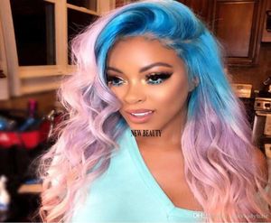 180densitet Full Side Part Cosplay Style Syntetisk spets Front Wig Long Body Wave Blue Ombre Pink Colorful Wig Heat Resistant Fiber 6442009