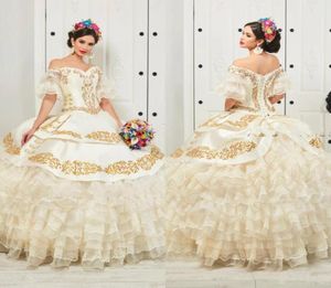 Ruffled Floral Charro Quinceanera Dresses 2020 Off Shoulder Puffy Skirt Gold Embroidery Beads Princess Sweety 16 Girls Masquerade 3132393