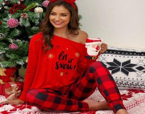 Рождественский клетчатый пижамный комплект, женская футболка с буквенным принтом и длинным рукавом, верхние брюки, пижамы, ночная рубашка, комплекты из двух предметов LJJA343115438406