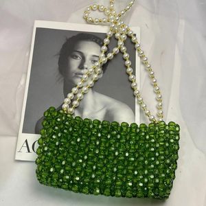 Sacos de noite feitos à mão diy frisado bolsas para mulheres clássico moda verde pequeno quadrado saco pérola miçangas corrente festa ombro tote