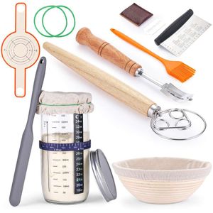 Kit per la preparazione del pane, set di cestini per il pane, set di 1 ciotole rotonde per la prova dell'impasto da 9 pollici con fodere, barattolo per lievito madre per panettieri domestici, dolci fatti in casa, perfetto come regalo