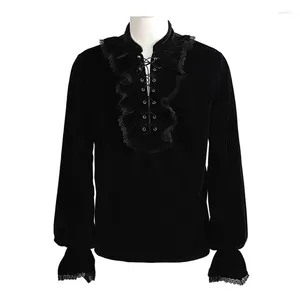 Camicie casual da uomo Colletto alla coreana con volant rosso con lacci Manica lunga Steampunk Pirata Cosplay Top Camicia vittoriana medievale Abiti vintage gotici