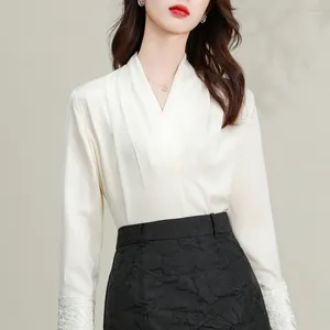 Kvinnors blusar Ycmyunyan-Womens kinesiska stil Satinskjorta Silk Vintage Solid Clothing Loose Spring Summer V-Neck Women Tops
