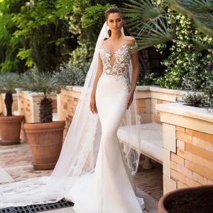 Bohemian Deep V Mermaid Wedding Gown 2024 Lace Appliques Short Sleeves Satin Bridal Dress For Women Vestido De Mariee Elegant