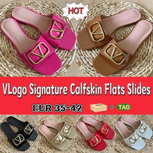 with box Womens flat slides designer slippers VLogo Signature Calfskin Flats Slide Sandals summer beach Solid slipper Scuffs luxury sandal white black red Patent
