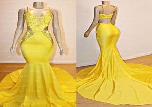 Żółte paski spaghetti Satynowe sukienki na bal maturę koronkową stosowanie długie formalne suknie wieczorowe sukienki na imprezę ukończenia szkoły BC399988809373