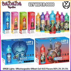 Uzy vaper 9000 descartável vape puff 9k bobina de malha recarregável e cigarros kit design rgb 15 cores 0% 2% 3% 5%