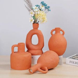 Vases Modern Orange Special-shaped Vase Flower Arrangement Dried Decoration Solid Color Porcelain Hollow Crafts