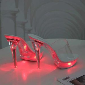 Dress Shoes Light Up Glowing Woman Luminous Clear Sandals Women Platform LED 13cm High Heel Transparent Stripper HeelsO7M5 H240321
