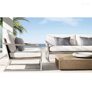 Camp Furniture Outdoor-Sofa aus gebürstetem Edelstahl, 3-Sitzer-Sofa und zwei Stühle, ein Couchtisch, Teakholz-Gartensofa-Set