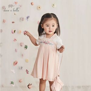 DBM13094 DAVE BELLA 여름 여자 아기 중국 스타일 플로럴 드레스 작은 가방 파티 어린이 유아 로리타 2pcs 옷 240311