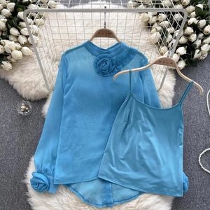 Work Dresses Women's Autumn Sunscreen Shirt Camisole 2 Piece Sets Flower Long Sleeve Single-Breasted Blouses Spaghetti Strap Vest Suits